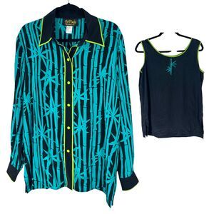 Bob Mackie Wearable Art Tropical Bamboo 100% Silk Long Sleeve and Tank Medium
